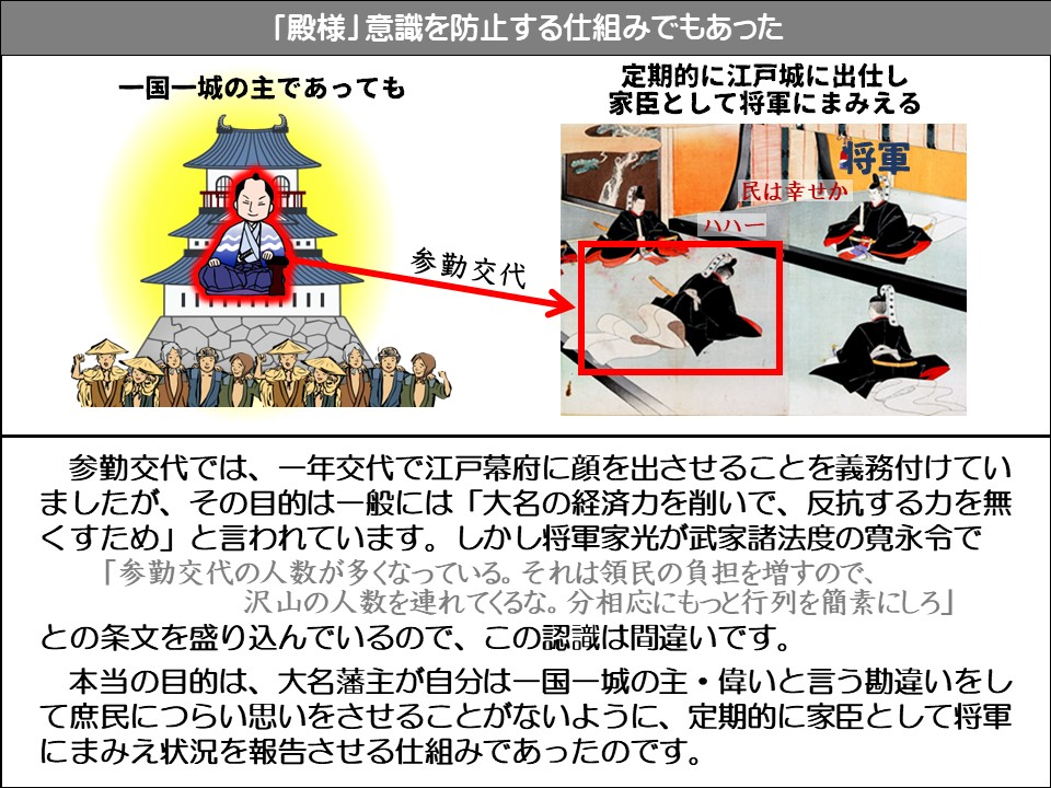 「殿様」意識を防止する仕組みでもあった

一国一城の主であっても

定期的に江戸城に出仕し家臣として将軍にまみえる

将軍

民は幸せか

ハハー

参勤交代

参勤交代では、一年交代で江戸幕府に顔を出させることを義務付けていましたが、その目的は一般には「大名の経済力を削いで、反抗する力を無くすため」と言われています。しかし将軍家光が武家諸法度の寛永令で 「参勤交代の人数が多くなっている。それは領民の負担を増すので、 沢山の人数を連れてくるな。分相応にもっと行列を簡素にしろ」

との条文を盛り込んでいるので、この認識は間違いです。

本当の目的は、大名藩主が自分は一国一城の主・偉いと言う勘違いをして庶民につらい思いをさせることがないように、定期的に家臣として将軍にまみえ状況を報告させる仕組みであったのです。