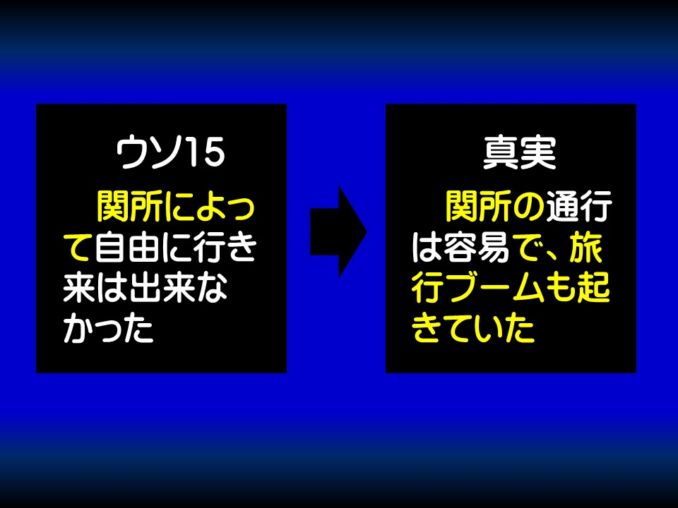 ウソ15

関所によって自由に行き来は出来なかった

真実

関所の通行は容易で、旅行ブームも起きていた