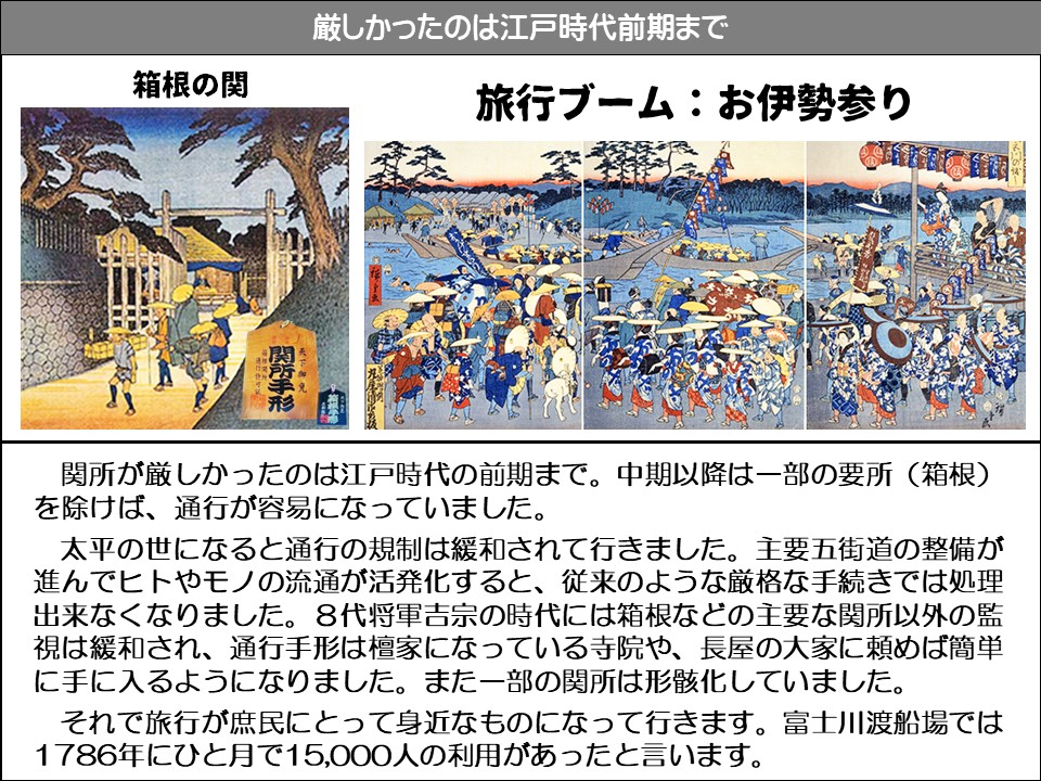 厳しかったのは江戸時代前期まで

箱根の関

旅行ブーム:お伊勢参り

天下御

関所手形

関所が厳しかったのは江戸時代の前期まで。中期以降は一部の要所(箱根) を除けば、通行が容易になっていました。

太平の世になると通行の規制は緩和されて行きました。主要五街道の整備が進んでヒトやモノの流通が活発化すると、従来のような厳格な手続きでは処理出来なくなりました。8代将軍吉宗の時代には箱根などの主要な関所以外の監視は緩和され、通行手形は檀家になっている寺院や、長屋の大家に頼めば簡単に手に入るようになりました。また一部の関所は形骸化していました。

それで旅行が庶民にとって身近なものになって行きます。富士川渡船場では 1786年にひと月で15,000人の利用があったと言います。
