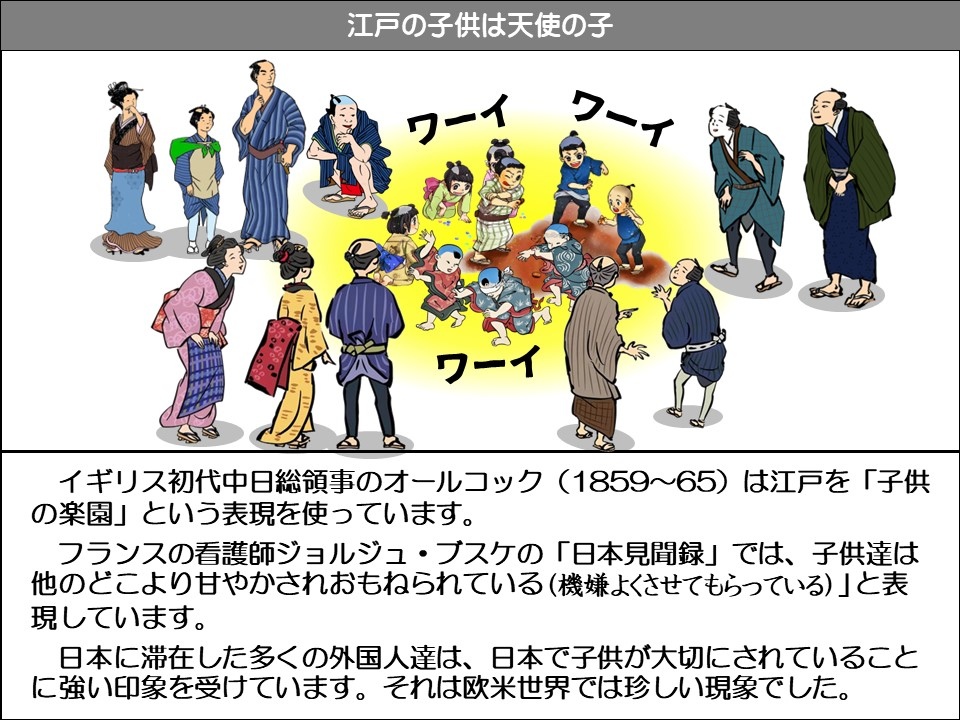 江戸の子供は天使の子

ワーイ

ワーイ

ワーイ

イギリス初代中日総領事のオールコック (1859~65)は江戸を「子供の楽園」という表現を使っています。

フランスの看護師ジョルジュ・ブスケの「日本見聞録」では、子供達は他のどこより甘やかされおもねられている(機嫌よくさせてもらっている)」と表現しています。

日本に滞在した多くの外国人達は、日本で子供が大切にされていることに強い印象を受けています。それは欧米世界では珍しい現象でした。