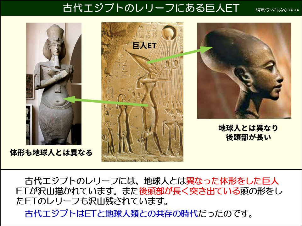 古代エジプトのレリーフにある巨人ET

巨人ET

地球人とは異なり後頭部が長い

体形も地球人とは異なる

古代エジプトのレリーフには、地球人とは異なった体形をした巨人 ETが沢山描かれています。また後頭部が長く突き出ている頭の形をしたETのレリーフも沢山残されています。

古代エジプトはETと地球人類との共存の時代だったのです。