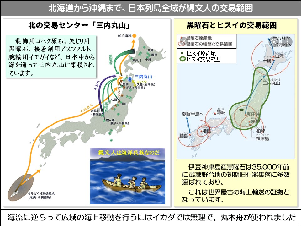 北海道から沖縄まで、日本列島全域が縄文人の交易範囲

北の交易センター「三内丸山」

装飾用コハク原石、矢じり用黑曜石、接着剤用アスファルト、 腕輪用イモガイなど、日本中から海を通って三内丸山に集積されています。

船泊遺跡

黒曜石

ヒスイ

白滝

赤井川

十勝

置戸

三内丸山

男鹿

久枝(岩手県)

昭和(秋田県)

月山

イモガイ

黒曜石

糸魚川 (新潟県

霧子(千葉県)

縄文人は海洋民族なのだ

イモガイ材料供給地 (奄美・沖縄諸島)

黒曜石とヒスイの交易範囲

*黑曜石原産地

黒曜石の頻繁な交易範囲

ヒスイ原産地

ヒスイ交易範囲

サハリン沿海州へ

かちも白滝

十勝

三内丸山

朝鮮半島へ

隠岐(おき)

腰岳(こしだけ)

姫島

和田峠

柏峠

神津島(こうづしま)

伊豆神津島産黒曜石は35,000年前に武蔵野台地の初期旧石器集落に多数運ばれており、これは世界最古の海上輸送の証拠となっています。

海流に逆らって広域の海上移動を行うにはイカダでは無理で、丸木舟が使われました