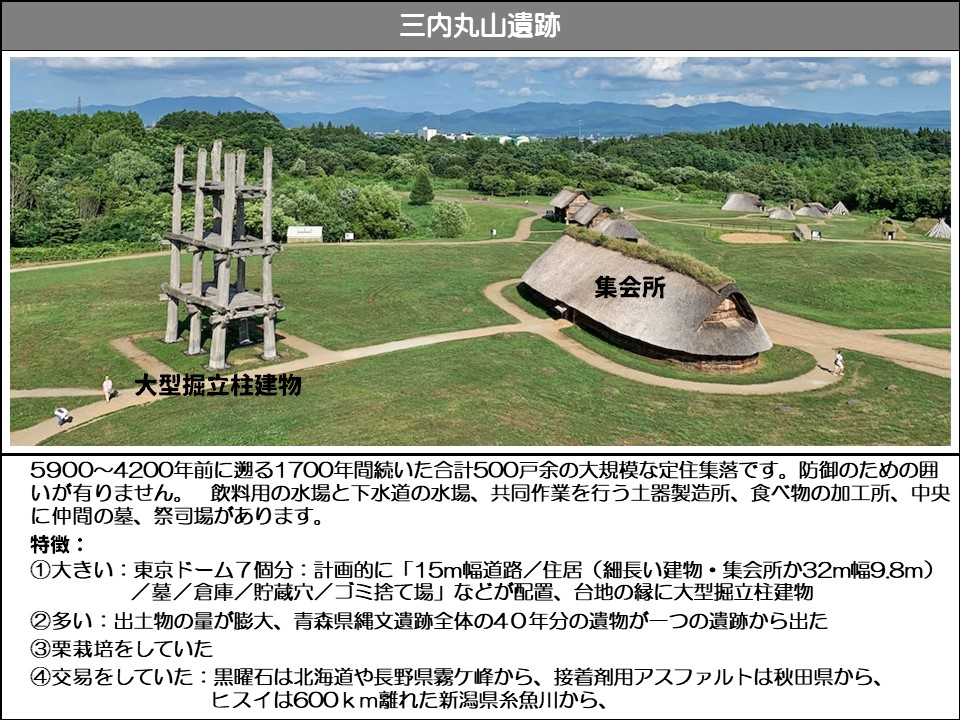 三内丸山遺跡

大型掘立柱建物

集会所

5900~4200年前に遡る1700年間続いた合計500戸余の大規模な定住集落です。防御のための囲いが有りません。飲料用の水場と下水道の水場、共同作業を行う土器製造所、食べ物の加工所、中央に仲間の墓、祭司場があります。

特徴：

①大きい: 東京ドーム7個分: 計画的に「15m幅道路/住居(細長い建物・集会所か32m幅9.8m) /墓/倉庫/貯蔵穴/ゴミ捨て場」などが配置、台地の縁に大型掘立柱建物

②多い: 出土物の量が膨大、青森県縄文遺跡全体の40年分の遺物が一つの遺跡から出た

③栗栽培をしていた

④交易をしていた: 黒曜石は北海道や長野県霧ケ峰から、接着剤用アスファルトは秋田県から、 ヒスイは600km離れた新潟県糸魚川から、
