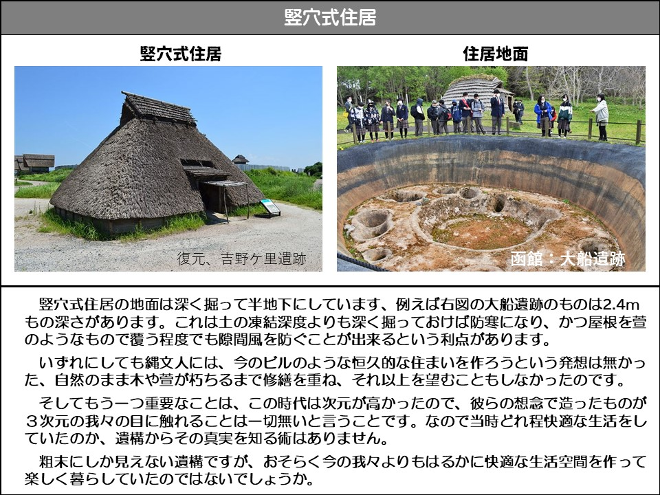 竪穴式住居

竪穴式住居

住居地面

復元、吉野ヶ里遺跡

函館:大船遺跡

竪穴式住居の地面は深く掘って半地下にしています、例えば右図の大船遺跡のものは2.4m もの深さがあります。これは土の凍結深度よりも深く掘っておけば防寒になり、かつ屋根を萱のようなもので覆う程度でも隙間風を防ぐことが出来るという利点があります。

いずれにしても縄文人には、今のビルのような恒久的な住まいを作ろうという発想は無かった、自然のまま木や萱が朽ちるまで修繕を重ね、それ以上を望むこともしなかったのです。

そしてもう一つ重要なことは、この時代は次元が高かったので、彼らの想念で造ったものが 3次元の我々の目に触れることは一切無いと言うことです。なので当時どれ程快適な生活をしていたのか、遺構からその真実を知る術はありません。

粗末にしか見えない遺構ですが、おそらく今の我々よりもはるかに快適な生活空間を作って楽しく暮らしていたのではないでしょうか。
