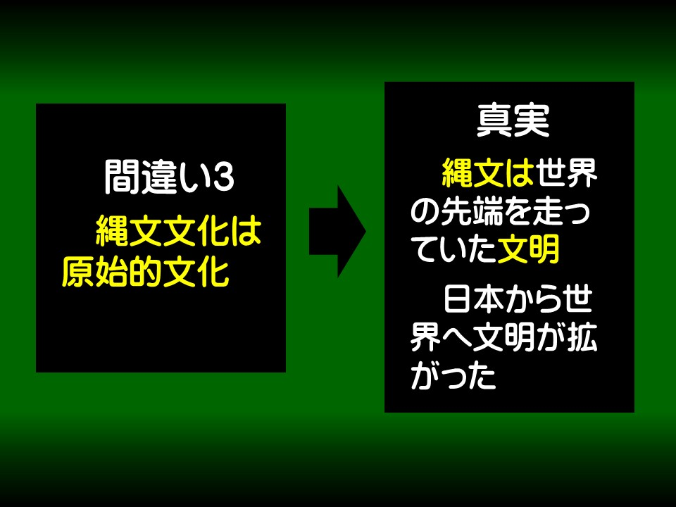 間違い3

縄文文化は原始的文化

真実

縄文は世界の先端を走っていた文明

日本から世界へ文明が拡がった