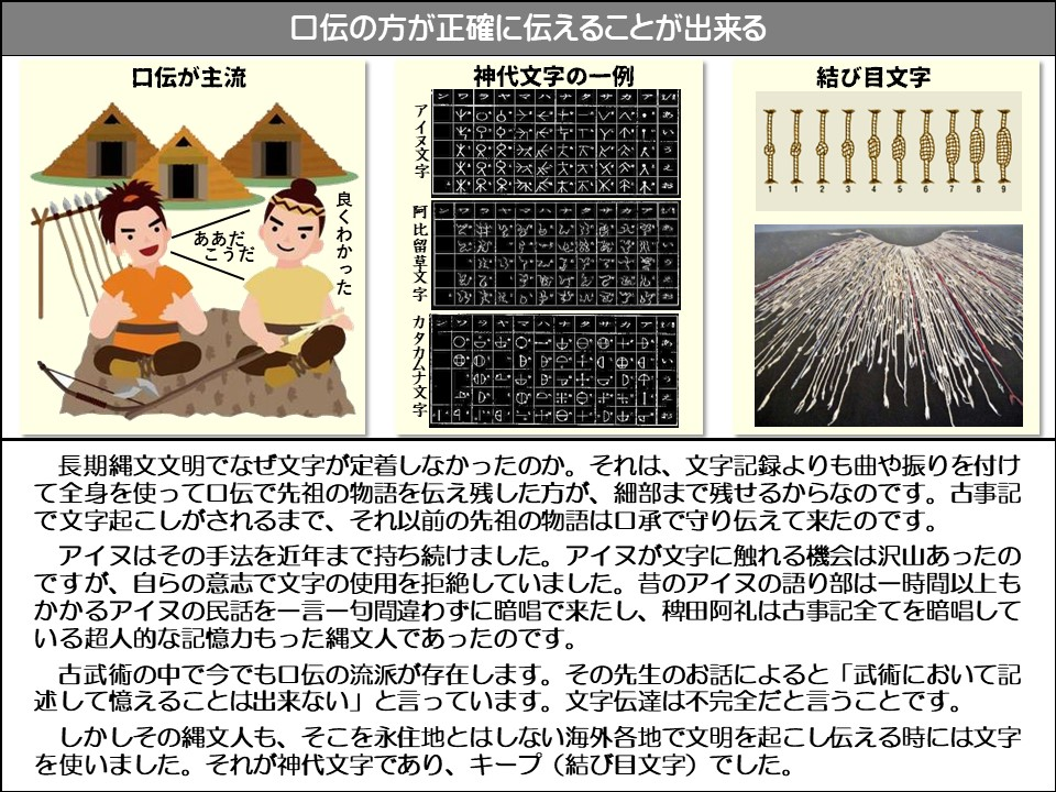 口伝の方が正確に伝えることが出来る

口伝が主流

ああっちに

良くわかった

神代文字の一例

アイヌ文字

阿比留草文字

カタカムナ文字

結び目文字

長期縄文文明でなぜ文字が定着しなかったのか。それは、文字記録よりも曲や振りを付けて全身を使って口伝で先祖の物語を伝え残した方が、細部まで残せるからなのです。古事記で文字起こしがされるまで、それ以前の先祖の物語は口承で守り伝えて来たのです。

アイヌはその手法を近年まで持ち続けました。アイヌが文字に触れる機会は沢山あったのですが、自らの意志で文字の使用を拒絶していました。昔のアイヌの語り部は一時間以上もかかるアイヌの民話を一言一句間違わずに暗唱で来たし、稗田阿礼は古事記全てを暗唱している超人的な記憶力もった縄文人であったのです。

古武術の中で今でも口伝の流派が存在します。その先生のお話によると「武術において記述して憶えることは出来ない」と言っています。文字伝達は不完全だと言うことです。

しかしその縄文人も、そこを永住地とはしない海外各地で文明を起こし伝える時には文字を使いました。それが神代文字であり、キープ (結び目文字)でした。
