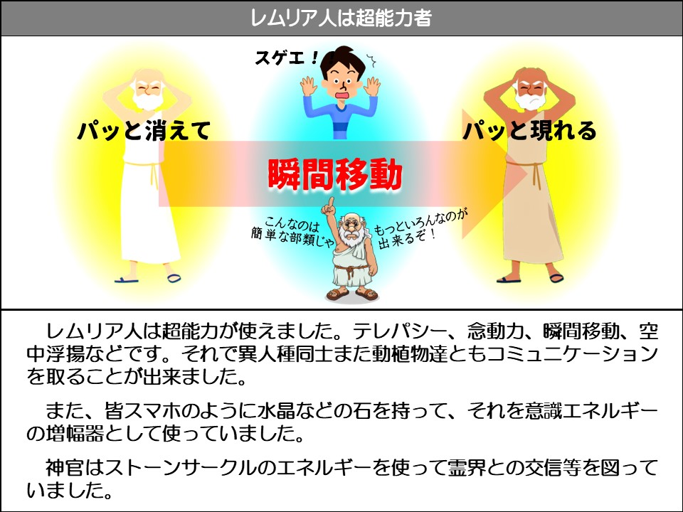 レムリア人は超能力者

スゲエ!

パッと消えて

パッと現れる

瞬間移動

こんなのは簡単な部類じゃ

もっといろんなのが出来るぞ!

レムリア人は超能力が使えました。テレパシー、念動力、瞬間移動、空中浮揚などです。それで異人種同士また動植物達ともコミュニケーションを取ることが出来ました。

また、皆スマホのように水晶などの石を持って、それを意識エネルギーの増幅器として使っていました。

神官はストーンサークルのエネルギーを使って霊界との交信等を図っていました。