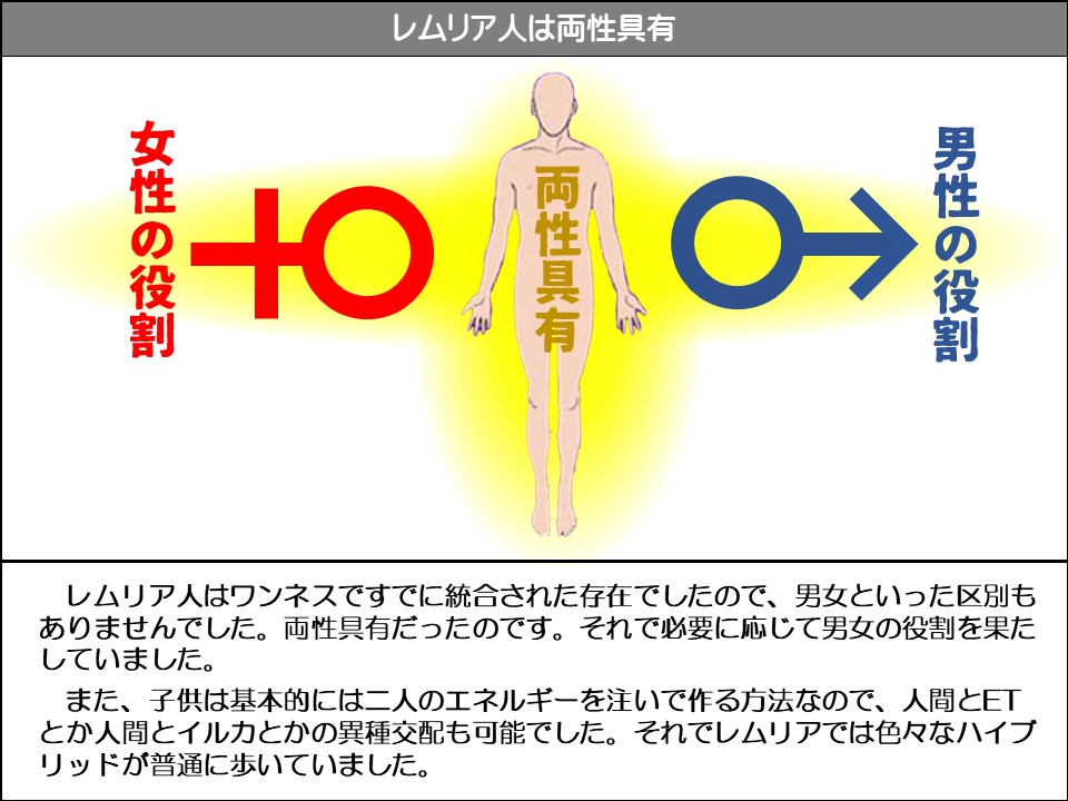 レムリア人は両性具有

女性の役割

男性の役割

レムリア人はワンネスですでに統合された存在でしたので、男女といった区別もありませんでした。両性具有だったのです。それで必要に応じて男女の役割を果たしていました。

また、子供は基本的には二人のエネルギーを注いで作る方法なので、人間とET とか人間とイルカとかの異種交配も可能でした。それでレムリアでは色々なハイブリッドが普通に歩いていました。