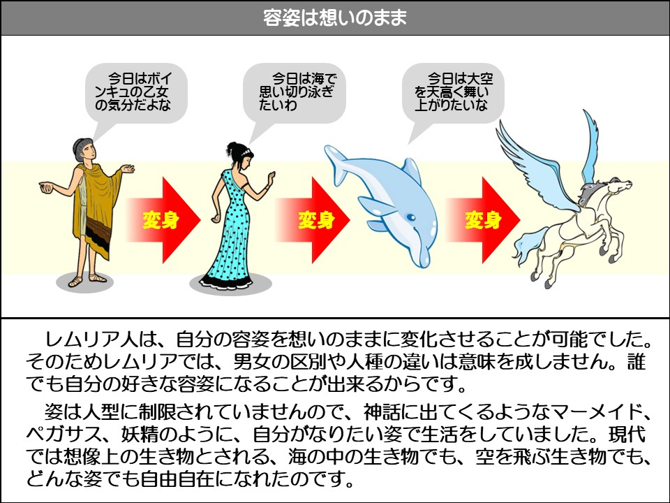 容姿は想いのまま

今日はボインキュの乙女の気分だよな

今日は海で思い切り泳ぎたいわ

今日は大空を天高く舞い上がりたいな

変身

変身

変身

レムリア人は、自分の容姿を想いのままに変化させることが可能でした。 そのためレムリアでは、男女の区別や人種の違いは意味を成しません。誰でも自分の好きな容姿になることが出来るからです。

姿は人型に制限されていませんので、神話に出てくるようなマーメイド、 ペガサス、妖精のように、自分がなりたい姿で生活をしていました。現代では想像上の生き物とされる、海の中の生き物でも、空を飛ぶ生き物でも、 どんな姿でも自由自在になれたのです。