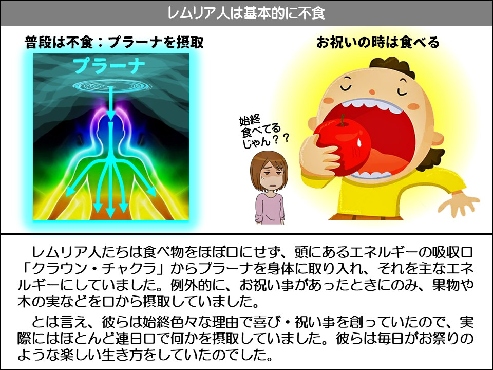 レムリア人は基本的に不食

普段は不食:プラーナを摂取

プラーナ

お祝いの時は食べる

始終食べてるじゃん??

レムリア人たちは食べ物をほぼ口にせず、頭にあるエネルギーの吸収口 「クラウン・チャクラ」からプラーナを身体に取り入れ、それを主なエネルギーにしていました。例外的に、お祝い事があったときにのみ、果物や木の実などを口から摂取していました。

とは言え、彼らは始終色々な理由で喜び・祝い事を創っていたので、実際にはほとんど連日口で何かを摂取していました。彼らは毎日がお祭りのような楽しい生き方をしていたのでした。