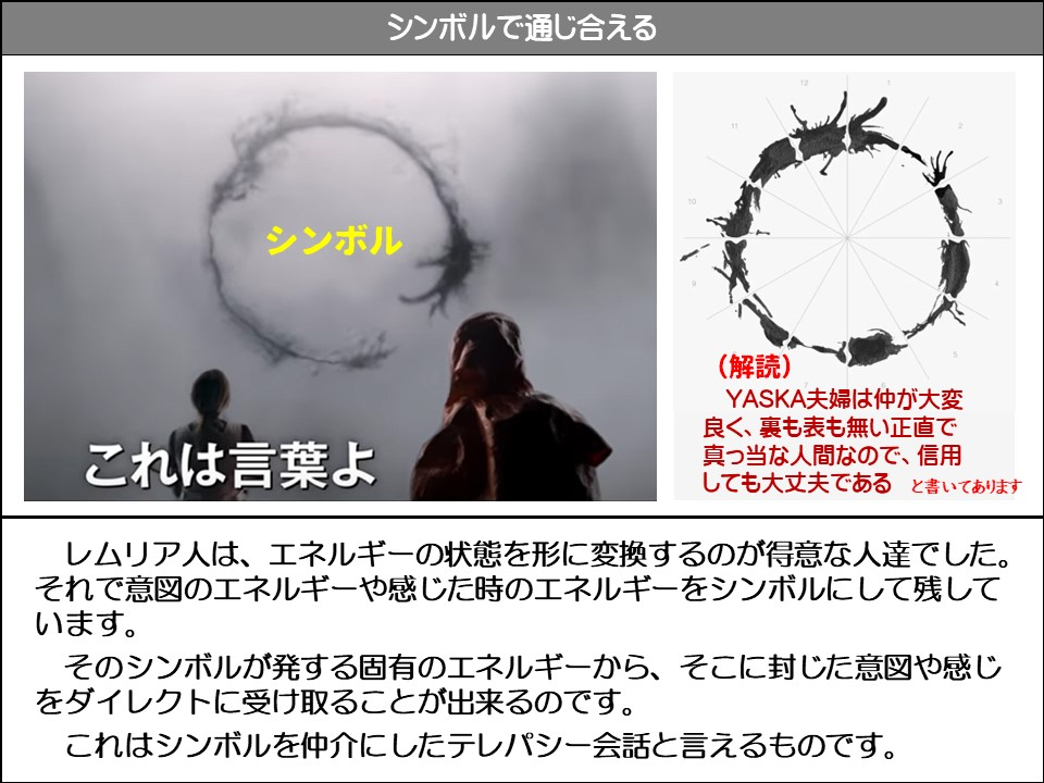 シンボルで通じ合える

シンボル

これは言葉よ

(解読)

YASKA夫婦は仲が大変良く、裏も表も無い正直で真っ当な人間なので、信用しても大丈夫であると書いてあります

レムリア人は、エネルギーの状態を形に変換するのが得意な人達でした。 それで意図のエネルギーや感じた時のエネルギーをシンボルにして残しています。

そのシンボルが発する固有のエネルギーから、そこに封じた意図や感じをダイレクトに受け取ることが出来るのです。

これはシンボルを仲介にしたテレパシー会話と言えるものです。