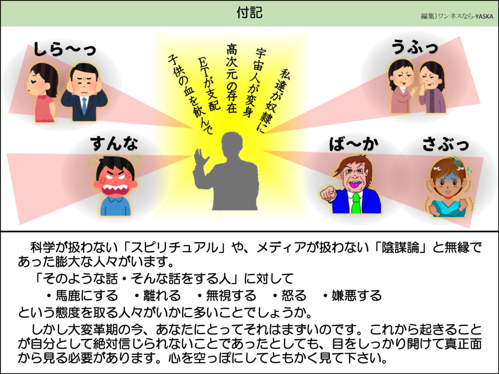 しら〜っ

すんな

付記

うふっ

子供の血を飲んで

ETが支配

宇宙人が変身

高次元の存在

私達が奴隷に

ば〜か

さぶっ

科学が扱わない「スピリチュアル」や、メディアが扱わない「陰謀論」と無縁であった膨大な人々がいます。

「そのような話・そんな話をする人」に対して

・馬鹿にする

・離れる

・無視する

・怒る

・嫌悪する

という態度を取る人々がいかに多いことでしょうか。

しかし大変革期の今、あなたにとってそれはまずいのです。これから起きることが自分として絶対信じられないことであったとしても、目をしっかり開けて真正面から見る必要があります。心を空っぽにしてともかく見て下さい。