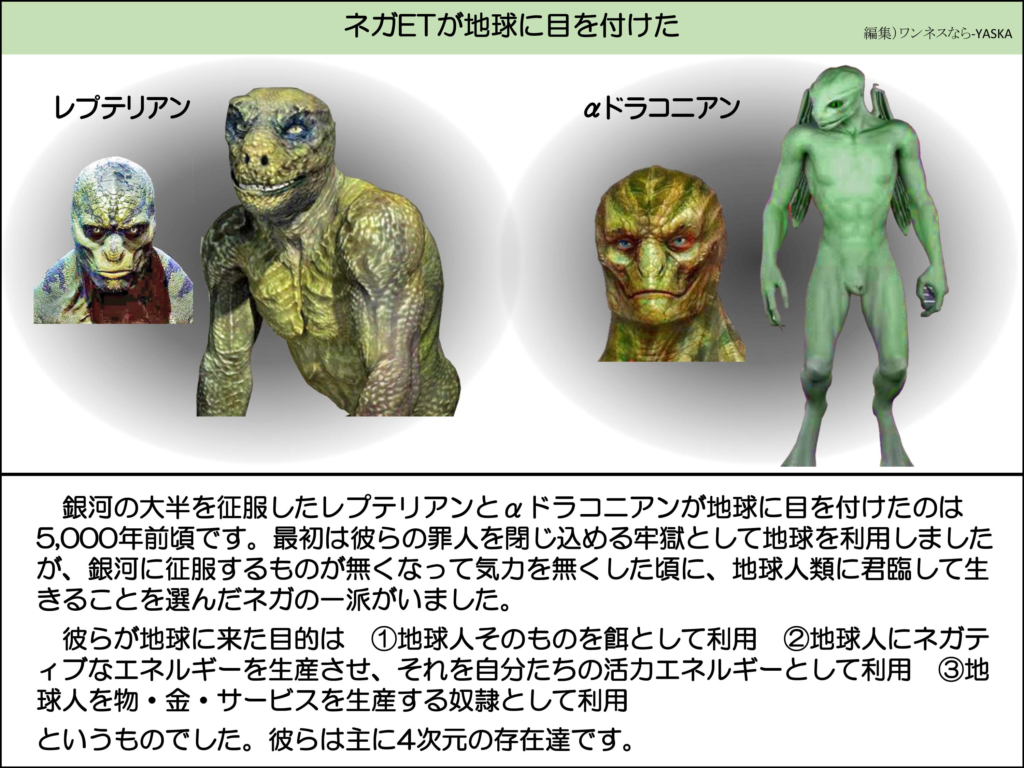 ネガETが地球に目を付けた

レプテリアン

αドラコニアン

銀河の大半を征服したレプテリアンとドラコニアンが地球に目を付けたのは 5,000年前頃です。最初は彼らの罪人を閉じ込める牢獄として地球を利用しましたが、銀河に征服するものが無くなって気力を無くした頃に、地球人類に君臨して生きることを選んだネガの一派がいました。

彼らが地球に来た目的は ①地球人そのものを餌として利用 ②地球人にネガティブなエネルギーを生産させ、それを自分たちの活力エネルギーとして利用 ③地球人を物・金・サービスを生産する奴隷として利用

というものでした。彼らは主に4次元の存在達です。