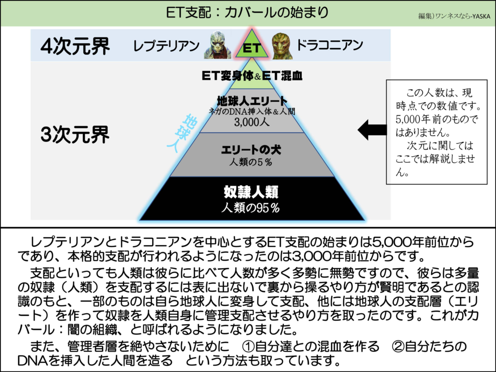 ET支配:カバールの始まり

4次元界

レプテリアン

そして

ドラコニアン

ET変身体&ET混血

3次元界

地球人

地球人エリートネガのDNA挿入体&人間 3,000人

エリートの犬人類の5%

この人数は、現時点での数値です。 5,000年前のものではありません。

次元に関してはここでは解説しません。

奴隷人類

人類の95%

レプテリアンとドラコニアンを中心とするET支配の始まりは5,000年前位からであり、本格的支配が行われるようになったのは3,000年前位からです。

支配といっても人類は彼らに比べて人数が多く多勢に無勢ですので、彼らは多量の奴隷(人類)を支配するには表に出ないで裏から操るやり方が賢明であるとの認識のもと、一部のものは自ら地球人に変身して支配、他には地球人の支配層(エリート)を作って奴隷を人類自身に管理支配させるやり方を取ったのです。これがカバール:闇の組織、と呼ばれるようになりました。

また、管理者層を絶やさないために ①自分達との混血を作る ②自分たちの DNAを挿入した人間を造るという方法も取っています。