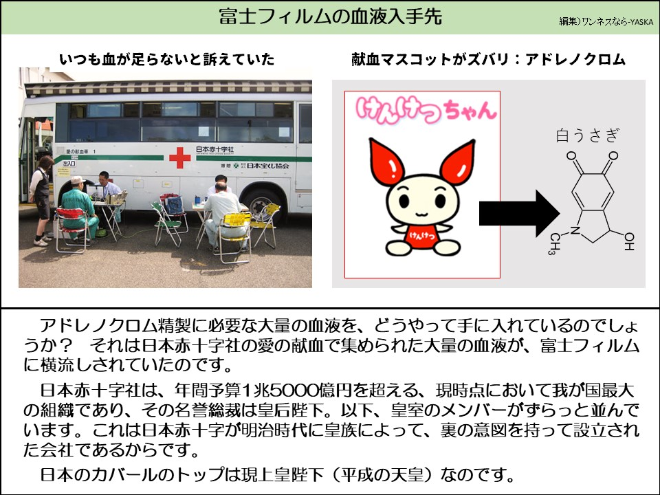 富士フィルムの血液入手先

いつも血が足らないと訴えていた

献血マスコットがズバリ: アドレノクロム

けんけつちゃん

愛の献血

出入口

+

日本赤十字社

日本宝くじ協会

白うさぎ

けんけつ

CH3

アドレノクロム精製に必要な大量の血液を、どうやって手に入れているのでしょうか? それは日本赤十字社の愛の献血で集められた大量の血液が、富士フィルムに横流しされていたのです。

日本赤十字社は、年間予算1兆5000億円を超える、現時点において我が国最大の組織であり、その名誉総裁は皇后陛下。以下、皇室のメンバーがずらっと並んでいます。これは日本赤十字が明治時代に皇族によって、裏の意図を持って設立された会社であるからです。

日本のカバールのトップは現上皇陛下(平成の天皇)なのです。