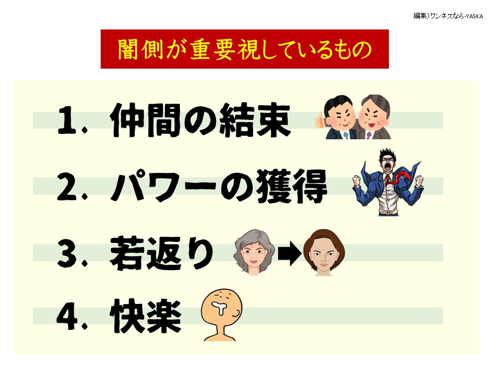 闇側が重要視しているもの

1. 仲間の結束

2. パワーの獲得

3. 若返り

4.快楽