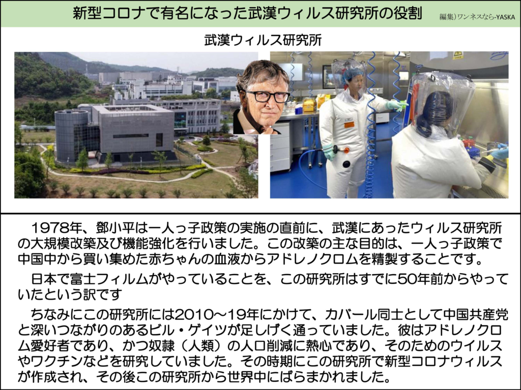 新型コロナで有名になった武漢ウィルス研究所の役割

武漢ウィルス研究所

1978年、鄧小平は一人っ子政策の実施の直前に、武漢にあったウィルス研究所の大規模改築及び機能強化を行いました。この改築の主な目的は、一人っ子政策で中国中から買い集めた赤ちゃんの血液からアドレノクロムを精製することです。

日本で富士フィルムがやっていることを、この研究所はすでに50年前からやっていたという訳です

ちなみにこの研究所には2010~19年にかけて、カバール同士として中国共産党と深いつながりのあるビル・ゲイツが足しげく通っていました。彼はアドレノクロム愛好者であり、かつ奴隷(人類)の人口削減に熱心であり、そのためのウイルスやワクチンなどを研究していました。その時期にこの研究所で新型コロナウィルスが作成され、その後この研究所から世界中にばらまかれました。