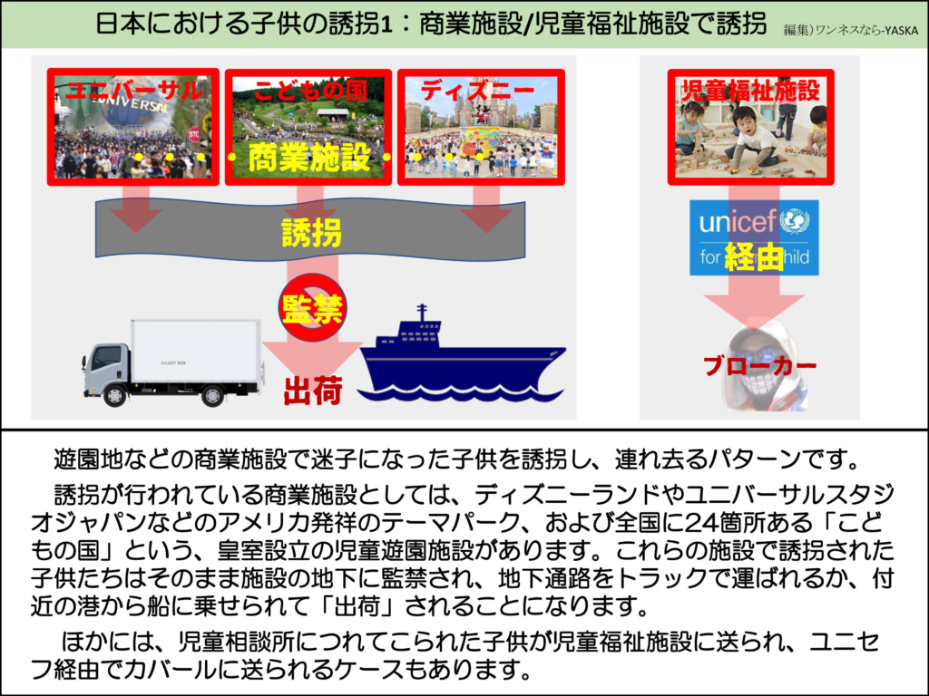 日本における子供の誘拐1:商業施設/児童福祉施設で誘拐

ユニバーサル

商業施設

ディズニー

児童福祉施設

誘拐

監禁

出荷

ユニセフ

経由

ブローカー

遊園地などの商業施設で迷子になった子供を誘拐し、連れ去るパターンです。

誘拐が行われている商業施設としては、ディズニーランドやユニバーサルスタジオジャパンなどのアメリカ発祥のテーマパーク、および全国に24箇所ある「こどもの国」という、皇室設立の児童遊園施設があります。これらの施設で誘拐された子供たちはそのまま施設の地下に監禁され、地下通路をトラックで運ばれるか、付近の港から船に乗せられて「出荷」されることになります。

ほかには、児童相談所につれてこられた子供が児童福祉施設に送られ、ユニセフ経由でカバールに送られるケースもあります。