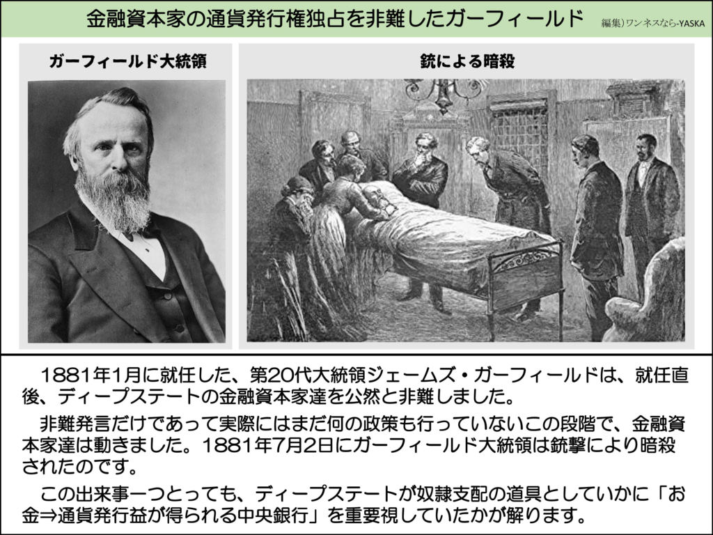金融資本家の通貨発行権独占を非難したガーフィールド

ガーフィールド大統領

銃による暗殺

1881年1月に就任した、第20代大統領ジェームズ・ガーフィールドは、就任直後、ディープステートの金融資本家達を公然と非難しました。

非難発言だけであって実際にはまだ何の政策も行っていないこの段階で、金融資本家達は動きました。1881年7月2日にガーフィールド大統領は銃撃により暗殺されたのです。

この出来事一つとっても、ディープステートが奴隷支配の道具としていかに「お金⇒通貨発行益が得られる中央銀行」を重要視していたかが解ります。