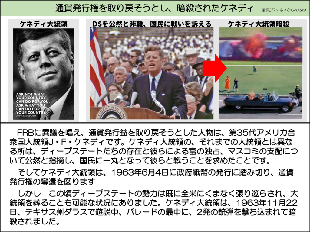 通貨発行権を取り戻そうとし、暗殺されたケネディ

ケネディ大統領

DSを公然と非難、国民に戦いを訴える

ケネディ大統領暗殺

国があなたのために何をしてくれるかを問うのではなく、あなたが国のために何ができるかを問いなさい。

FRBに異議を唱え、通貨発行益を取り戻そうとした人物は、第35代アメリカ合衆国大統領J・F・ケネディです。ケネディ大統領の、それまでの大統領とは異なる所は、ディープステートたちの存在と彼らによる富の独占、マスコミの支配について公然と指摘し、国民に一丸となって彼らと戦うことを求めたことです。

そしてケネディ大統領は、1963年6月4日に政府紙幣の発行に踏み切り、通貨発行権の奪還を図ります

しかしこの頃ディープステートの勢力は既に全米にくまなく張り巡らされ、大統領を葬ることも可能な状況にありました。ケネディ大統領は、1963年11月22 テキサス州ダラスで遊説中、パレードの最中に、2発の銃弾を撃ち込まれて暗殺されました。