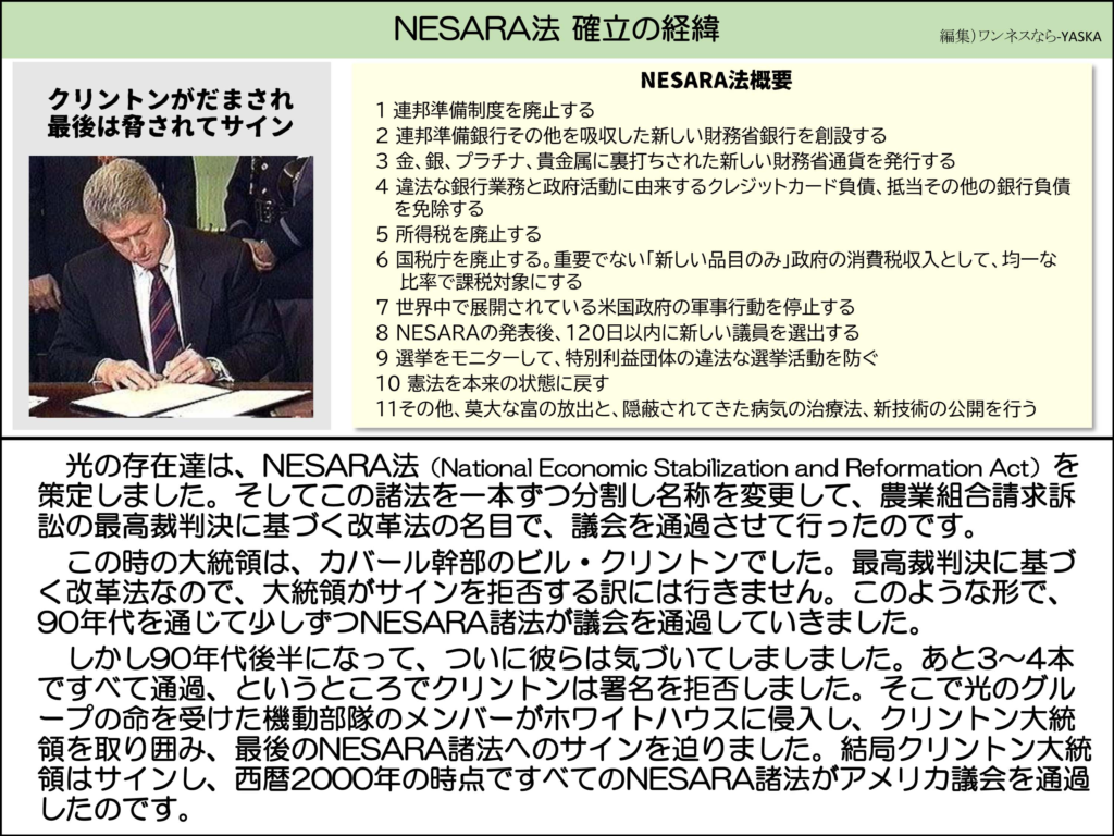 NESARA法 確立の経緯

クリントンがだまされ最後は脅されてサイン

NESARA法概要

1 連邦準備制度を廃止する

2 連邦準備銀行その他を吸収した新しい財務省銀行を創設する

3 金、銀、プラチナ、貴金属に裏打ちされた新しい財務省通貨を発行する

4 違法な銀行業務と政府活動に由来するクレジットカード負債、抵当その他の銀行負債を免除する

5 所得税を廃止する

6 国税庁を廃止する。重要でない「新しい品目のみ」政府の消費税収入として、均一な比率で課税対象にする

7 世界中で展開されている米国政府の軍事行動を停止する

8 NESARAの発表後、120日以内に新しい議員を選出する

9 選挙をモニターして、特別利益団体の違法な選挙活動を防ぐ

10 憲法を本来の状態に戻す

11その他、莫大な富の放出と、隠蔽されてきた病気の治療法、新技術の公開を行う

光の存在達は、NESARA法(National Economic Stabilization and Reformation Act)を策定しました。そしてこの諸法を一本ずつ分割し名称を変更して、農業組合請求訴訟の最高裁判決に基づく改革法の名目で、議会を通過させて行ったのです。

この時の大統領は、カバール幹部のビル・クリントンでした。最高裁判決に基づく改革法なので、大統領がサインを拒否する訳には行きません。このような形で、 90年代を通じて少しずつNESARA諸法が議会を通過していきました。

しかし90年代後半になって、ついに彼らは気づいてしましました。あと3~4本ですべて通過、というところでクリントンは署名を拒否しました。そこで光のグループの命を受けた機動部隊のメンバーがホワイトハウスに侵入し、クリントン大統領を取り囲み、最後のNESARA諸法へのサインを迫りました。結局クリントン大統領はサインし、西暦2000年の時点ですべてのNESARA諸法がアメリカ議会を通過したのです。