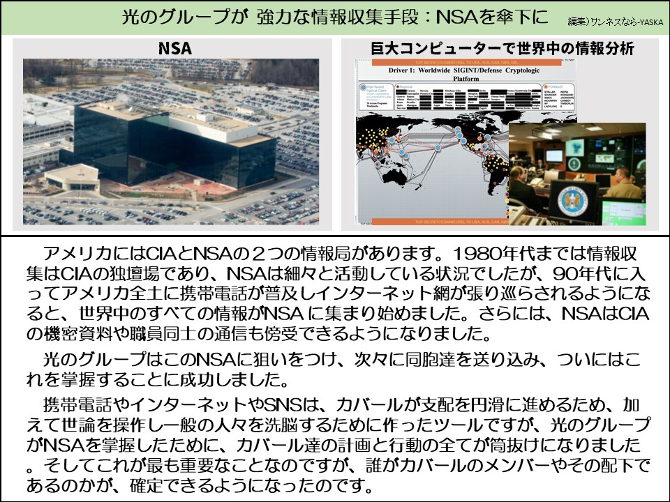光のグループが強力な情報収集手段:NSAを傘下に

NSA

巨大コンピューターで世界中の情報分析

ドライバー1：世界規模のSIGINT/防衛暗号

プラットフォーム

アメリカにはCIAとNSAの2つの情報局があります。1980年代までは情報収集はCIAの独壇場であり、NSAは細々と活動している状況でしたが、90年代に入ってアメリカ全土に携帯電話が普及しインターネット網が張り巡らされるようになると、世界中のすべての情報がNSAに集まり始めました。さらには、NSAはCIAの機密資料や職員同士の通信も傍受できるようになりました。

光のグループはこのNSAに狙いをつけ、次々に同胞達を送り込み、ついにはこれを掌握することに成功しました。

携帯電話やインターネットやSNSは、カバールが支配を円滑に進めるため、加えて世論を操作し一般の人々を洗脳するために作ったツールですが、光のグループがNSAを掌握したために、カバール達の計画と行動の全てが筒抜けになりました 。そしてこれが最も重要なことなのですが、誰がカバールのメンバーやその配下であるのかが、確定できるようになったのです。