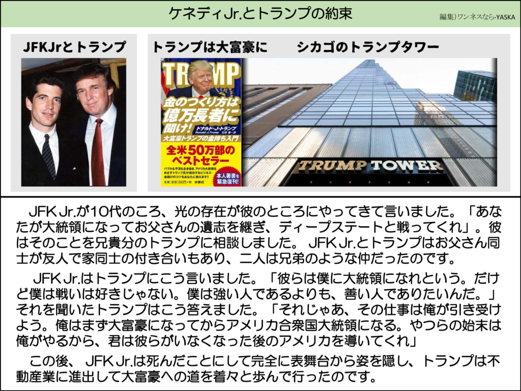 ケネディJr.とトランプの約束

JFK Jrとトランプ

トランプは大富豪に

シカゴのトランプタワー

トランプ

金のつくり方は億万長者に聞け! 

ドナルド・J・トランプ

大富豪トランプの金持ち入門

全米50万部のベストセラー

バブルも不況も生 アメリカ大統領をビジネス・ 金儲けのコツをあなたに教えます

本体1300円+税

本人著書を緊急復刊!

トランプタワー

JFK Jr.が10代のころ、光の存在が彼のところにやってきて言いました。「あなたが大統領になってお父さんの遺志を継ぎ、ディープステートと戦ってくれ」。彼はそのことを兄貴分のトランプに相談しました。JFKJr.とトランプはお父さん同士が友人で家同士の付き合いもあり、二人は兄弟のような仲だったのです。

JFKJr.はトランプにこう言いました。「彼らは僕に大統領になれという。だけど僕は戦いは好きじゃない。僕は強い人であるよりも、善い人でありたいんだ。」 それを聞いたトランプはこう答えました。「それじゃあ、その仕事は俺が引き受けよう。俺はまず大富豪になってからアメリカ合衆国大統領になる。やつらの始末は俺がやるから、君は彼らがいなくなった後のアメリカを導いてくれ」

この後、JFK Jr.は死んだことにして完全に表舞台から姿を隠し、トランプは不動産業に進出して大富豪への道を着々と歩んで行ったのです。