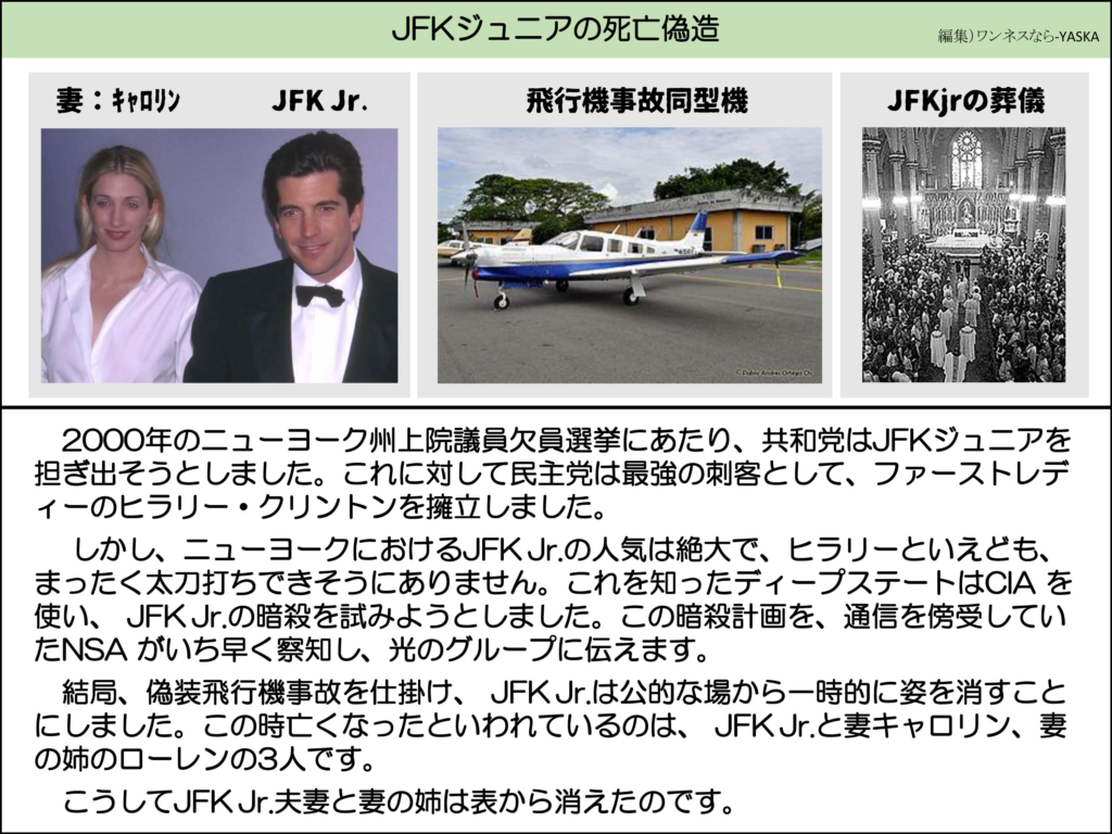 JFKジュニアの死亡偽造

妻:キャロリン

JFK Jr.

飛行機事故同型機

JFK jrの葬儀

2000年のニューヨーク州上院議員欠員選挙にあたり、共和党はJFKジュニアを担ぎ出そうとしました。これに対して民主党は最強の刺客として、ファーストレディーのヒラリー・クリントンを擁立しました。

しかし、ニューヨークにおけるJFKJr.の人気は絶大で、ヒラリーといえども、 まったく太刀打ちできそうにありません。これを知ったディープステートはCIA を使い、JFK Jr.の暗殺を試みようとしました。この暗殺計画を、通信を傍受していたNSAがいち早く察知し、光のグループに伝えます。

結局、偽装飛行機事故を仕掛け、JFKJr.は公的な場から一時的に姿を消すことにしました。この時亡くなったといわれているのは、JFKJr.と妻キャロリン、妻の姉のローレンの3人です。

こうしてJFK Jr.夫妻と妻の姉は表から消えたのです。