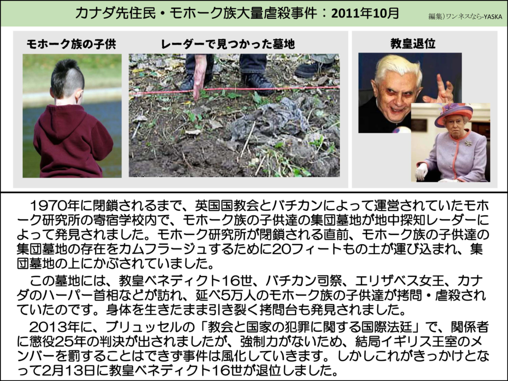 カナダ先住民・モホーク族大量虐殺事件:2011年10月

モホーク族の子供

レーダーで見つかった墓地

教皇退位

1970年に閉鎖されるまで、英国国教会とバチカンによって運営されていたモホーク研究所の寄宿学校内で、モホーク族の子供達の集団墓地が地中探知レーダーによって発見されました。モホーク研究所が閉鎖される直前、モホーク族の子供達の集団墓地の存在をカムフラージュするために20フィートもの土が運び込まれ、集団墓地の上にかぶされていました。

この墓地には、教皇ベネディクト16世、バチカン司祭、エリザベス女王、カナダのハーパー首相などが訪れ、延べ5万人のモホーク族の子供達が拷問・虐殺されていたのです。身体を生きたまま引き裂く拷問台も発見されました。

2013年に、ブリュッセルの「教会と国家の犯罪に関する国際法廷」で、関係者に懲役25年の判決が出されましたが、強制力がないため、結局イギリス王室のメンバーを罰することはできず事件は風化していきます。しかしこれがきっかけとなって2月13日に教皇ベネディクト16世が退位しました。