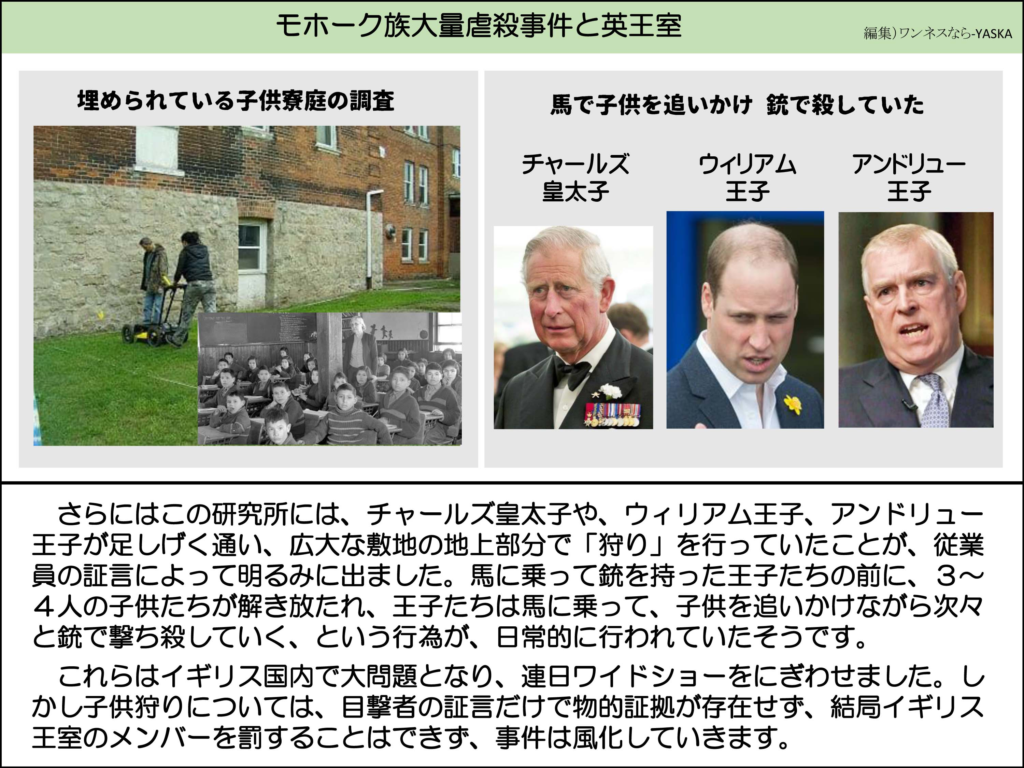 モホーク族大量虐殺事件と英王室

埋められている子供寮庭の調査

馬で子供を追いかけ 銃で殺していた

チャールズ皇太子

ウィリアム王子

アンドリュー王子

さらにはこの研究所には、チャールズ皇太子や、ウィリアム王子、アンドリュー王子が足しげく通い、広大な敷地の地上部分で「狩り」を行っていたことが、従業員の証言によって明るみに出ました。馬に乗って銃を持った王子たちの前に、3~ 4人の子供たちが解き放たれ、王子たちは馬に乗って、子供を追いかけながら次々と銃で撃ち殺していく、という行為が、日常的に行われていたそうです。

これらはイギリス国内で大問題となり、連日ワイドショーをにぎわせました。しかし子供狩りについては、目撃者の証言だけで物的証拠が存在せず、結局イギリス王室のメンバーを罰することはできず、事件は風化していきます。