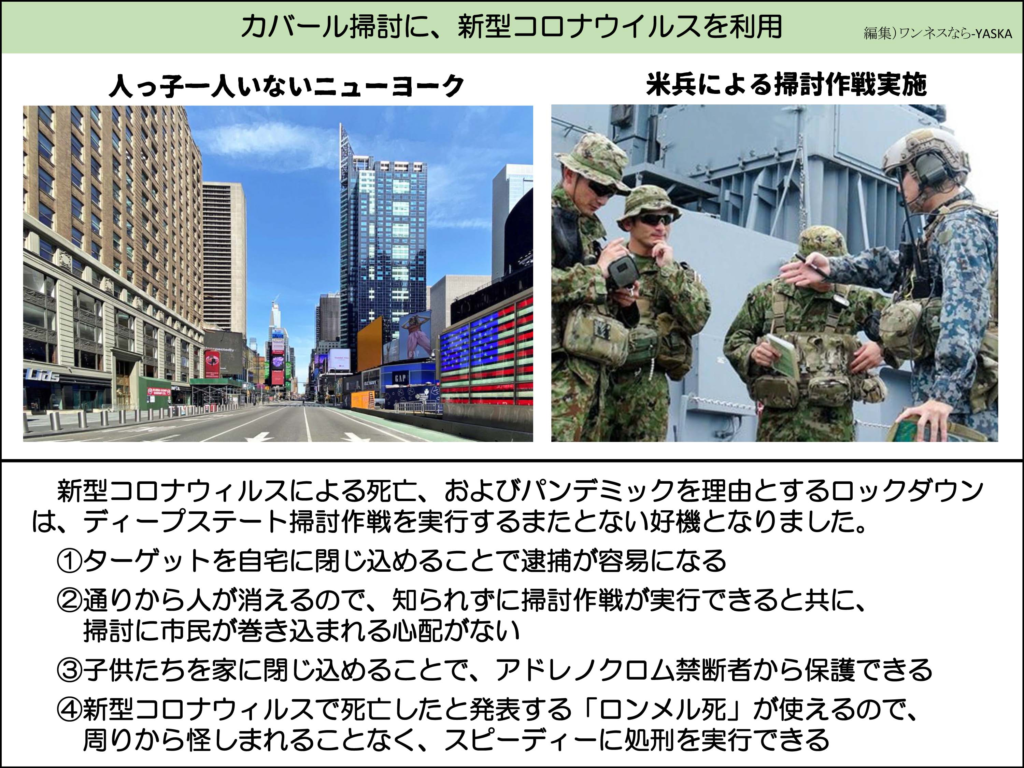カバール掃討に、新型コロナウイルスを利用

人っ子一人いないニューヨーク

米兵による掃討作戦実施

新型コロナウィルスによる死亡、およびパンデミックを理由とするロックダウンは、ディープステート掃討作戦を実行するまたとない好機となりました。

①ターゲットを自宅に閉じ込めることで逮捕が容易になる

②通りから人が消えるので、知られずに掃討作戦が実行できると共に、 掃討に市民が巻き込まれる心配がない

③子供たちを家に閉じ込めることで、アドレノクロム禁断者から保護できる

④新型コロナウィルスで死亡したと発表する「ロンメル死」が使えるので、 周りから怪しまれることなく、スピーディーに処刑を実行できる