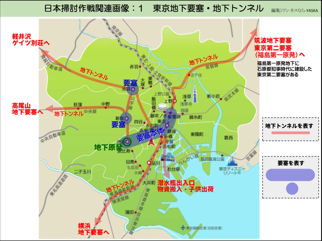 日本掃討作戦関連画像:1 東京地下要塞・地下トンネル

軽井沢ゲイツ別荘へ

関越自動車道

地下トンネル

高尾山地下要塞へ

地下トンネル中央

荻窪

中野

中央自動車道

東名高速道路

埼京線

赤羽

池袋

山手線

新宿

要塞

渋谷

地下原

二子玉川

ビス

・

目黒

五反田

大崎

品川

地下トンネル東海道新幹線

横須賀線

蒲田

横浜地下要塞へ

東海道本線・京浜東北線

東北・上越・

北陸新幹線

上野公園

飯田橋

御茶ノ水

東京!

永田町

赤坂

要寒本体

新橋

汐留

浜松町

銀座

りんかい線

お台場

大井町

潜水艦出入口物資搬入・子供出荷

◆東京国際空港(羽田空港)

地下トンネル

常磐線

北千住

要塞

浅草

浅草寺

両国

秋葉原

四谷

錦糸町

筑波地下要塞東京第二要塞 (福島第一原発)へ

福島第一原発地下に石原都知事時代に建設した東京第二要塞がある

地下トンネルを表す

東陽町

新小岩

野

総武本線

葛西

葛西臨海公園

東京ディズニーリゾート®

京葉線

要塞を表す