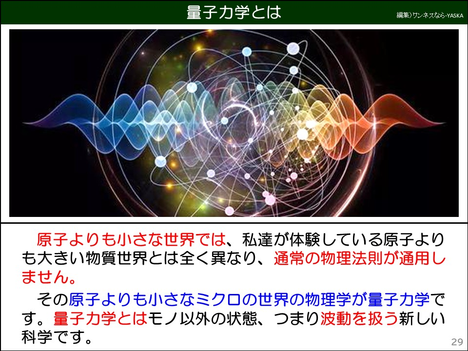 量子力学とは

原子よりも小さな世界では、私達が体験している原子よりも大きい物質世界とは全く異なり、通常の物理法則が通用しません。

その原子よりも小さなミクロの世界の物理学が量子力学です。量子力学とはモノ以外の状態、つまり波動を扱う新しい科学です。