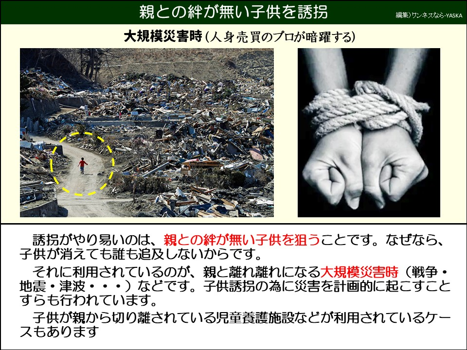 親との絆が無い子供を誘拐

大規模災害時(人身売買のプロが暗躍する)

誘拐がやり易いのは、親との絆が無い子供を狙うことです。なぜなら、 子供が消えても誰も追及しないからです。

それに利用されているのが、親と離れ離れになる大規模災害時(戦争・ 地震・津波・・・)などです。子供誘拐の為に災害を計画的に起こすことすらも行われています。

子供が親から切り離されている児童養護施設などが利用されているケースもあります