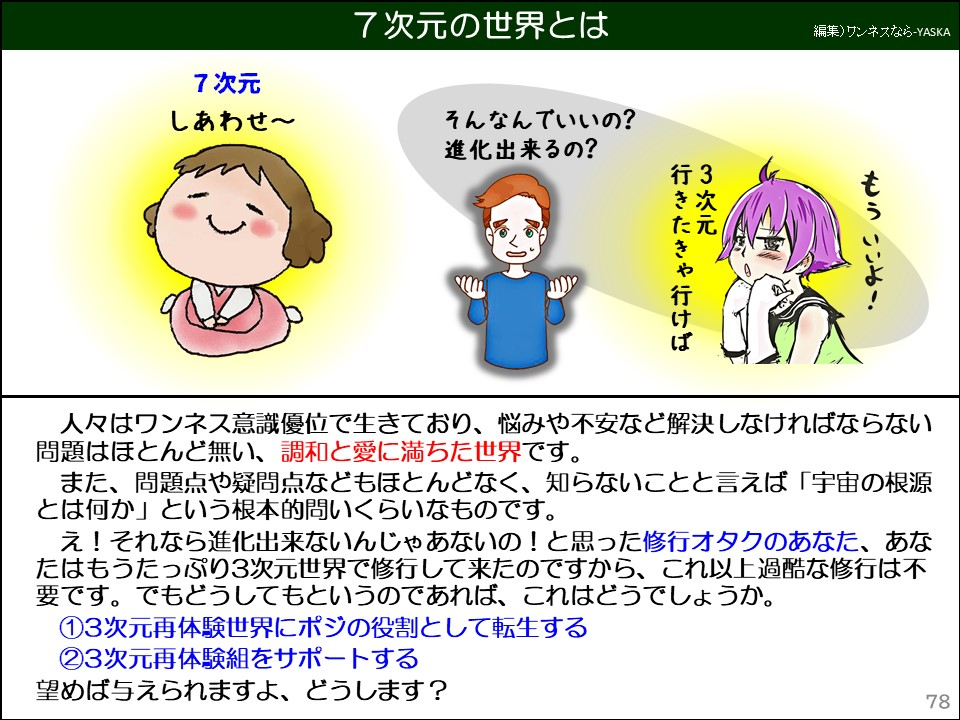 7次元の世界とは

7次元しあわせ〜

そんなんでいいの? 進化出来るの?

3次元行きたきゃ行けば

もういいよ!

人々はワンネス意識優位で生きており、悩みや不安など解決しなければならない問題はほとんど無い、調和と愛に満ちた世界です。

また、問題点や疑問点などもほとんどなく、知らないことと言えば「宇宙の根源とは何か」という根本的問いくらいなものです。

え!それなら進化出来ないんじゃあないの!と思った修行オタクのあなた、あなたはもうたっぷり3次元世界で修行して来たのですから、これ以上過酷な修行は不要です。でもどうしてもというのであれば、これはどうでしょうか。

①3次元再体験世界にポジの役割として転生する

②3次元再体験組をサポートする

望めば与えられますよ、どうします?
